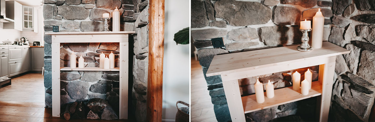 Zweigeteiltes Foto eines Deko-Kamins aus Holz vor eine Natursteinwand, dekoriert mit brennenden Kerzen, im rechten Bild wird der Kamin als Detailansicht gezeigt