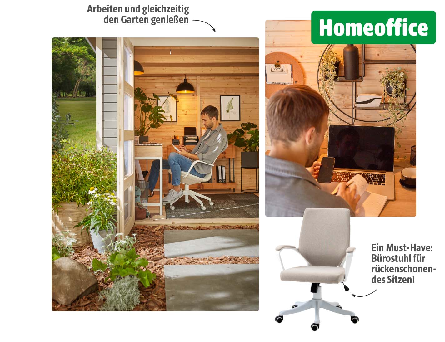Zwei Ansichten eines Gartenhaus-Homeoffices mit dem hervorgehobenen Text „Homeoffice“: Links sitzt ein Mann mit Laptop und Handy auf einem ergonomischen Bürostuhl am Schreibtisch, umgeben von Pflanzen und mit Blick ins Grüne. Rechts ist sein Arbeitsplatz mit Laptop, Handy, Tasse und Unterlagen zu sehen.