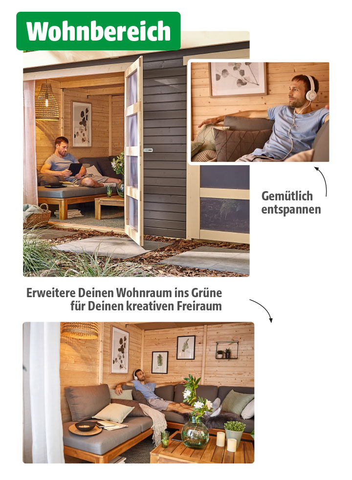 Eine dreigeteilte Bildcollage zeigt verschiedene Ansichten eines gemütlichen Gartenhauses mit dem hervorgehobenen Text „Wohnbereich“. Ein Mann entspannt darin – mal mit Tablet, mal mit Kopfhörern, umgeben von Naturholzmöbeln, Kissen, Pflanzen und Kerzen.
