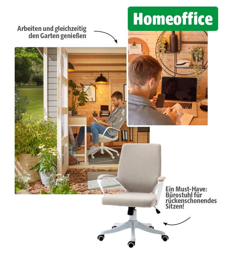 Zwei Ansichten eines Gartenhaus-Homeoffices mit dem hervorgehobenen Text „Homeoffice“: Links sitzt ein Mann mit Laptop und Handy auf einem ergonomischen Bürostuhl am Schreibtisch, umgeben von Pflanzen und mit Blick ins Grüne. Rechts ist sein Arbeitsplatz mit Laptop, Handy, Tasse und Unterlagen zu sehen.