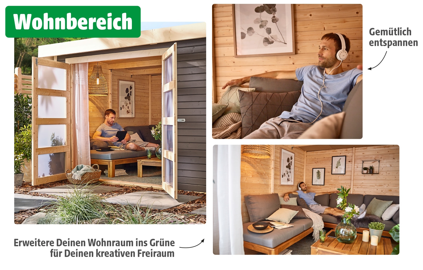 Eine dreigeteilte Bildcollage zeigt verschiedene Ansichten eines gemütlichen Gartenhauses mit dem hervorgehobenen Text „Wohnbereich“. Ein Mann entspannt darin – mal mit Tablet, mal mit Kopfhörern, umgeben von Naturholzmöbeln, Kissen, Pflanzen und Kerzen.