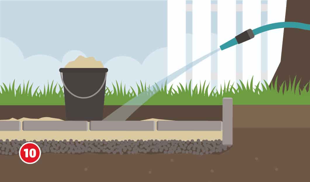 Illustration zum zehnten Schritt beim Bau eines Gartenhauses. Zwischen die verlegten Betonplatten wird mit einem Eimer Sand in die Fugen eingekehrt. Ein Gartenschlauch wässert die Fläche, damit sich der Sand setzt.