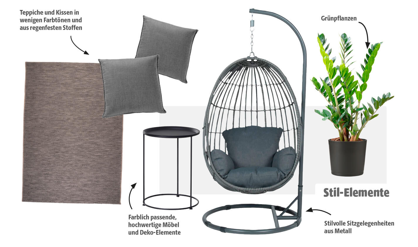 Stilvolle Balkon-Stilelemente im modernen Look mit Hängesessel aus Metall, grauen Kissen, Outdoor-Teppich, Beistelltisch und Glücksfeder im schwarzen Pflanztopf.