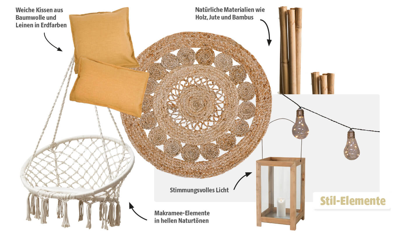 Stilelemente im Boho-Stil für den Balkon: Hängesessel mit Makramee, runde Jute-Matte, Kissen in Erdtönen, Lichterkette und Deko aus Naturmaterialien wie Holz und Bambus.