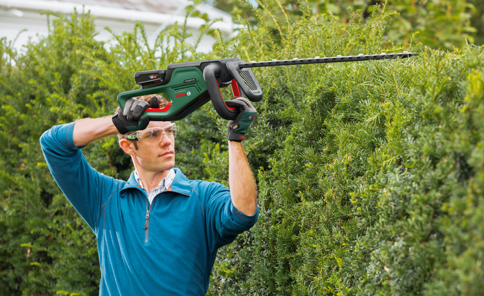 Man Trimmt eine hohe Hecke