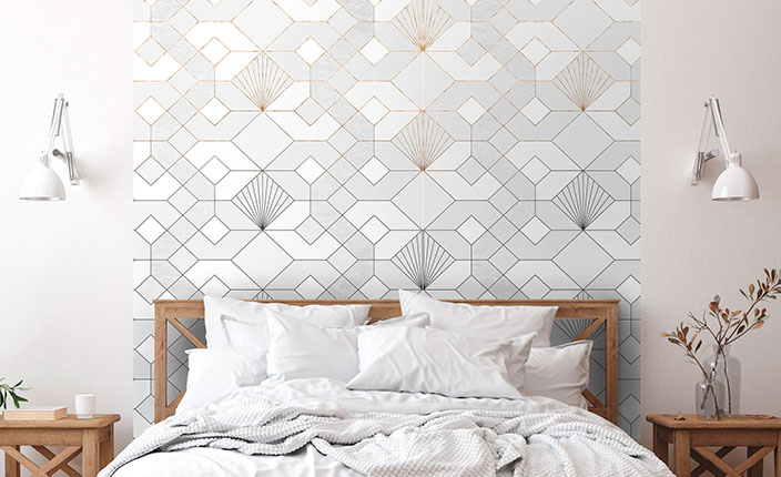 Teaser zu Tapetentrends Schlafzimmer mit gemusterter Tapete aus den Tapetentrends