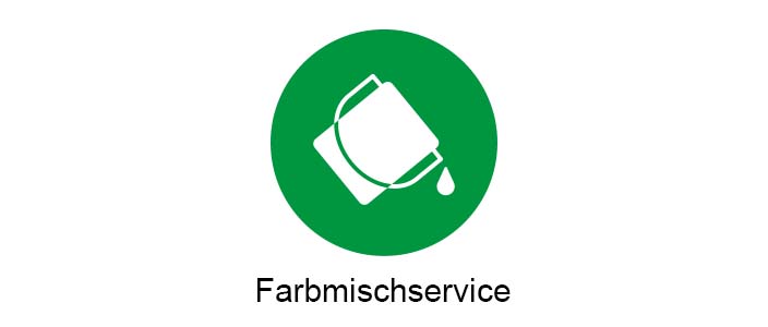 Weiß-Grünes Icon eines Farbeimers, darunter steht "Farbmischservice"