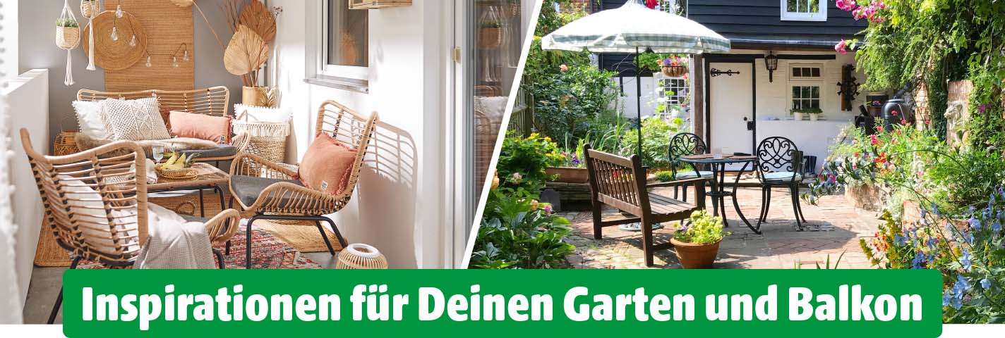 Zweiteiliges Bild mit gemütlicher Sitzecke auf einem Balkon links und romantischem Garten mit Sitzbank und Sonnenschirm rechts.