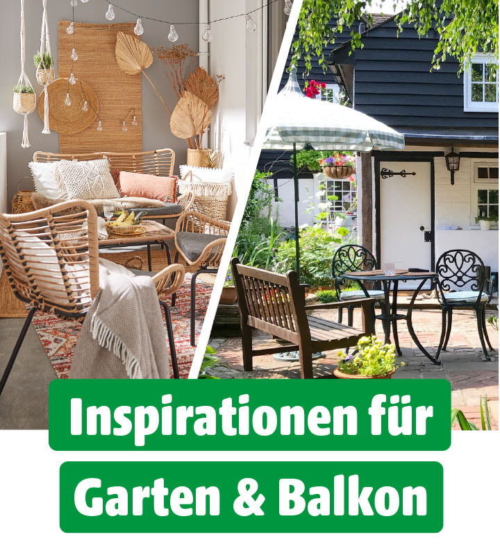Zweiteiliges Bild mit gemütlicher Sitzecke auf einem Balkon links und romantischem Garten mit Sitzbank und Sonnenschirm rechts.