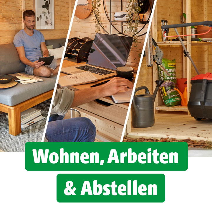 Dreigeteiltes Gartenhaus: links gemütlicher Wohnbereich mit Sofa, Mitte Arbeitsplatz mit Schreibtisch und Laptop, rechts Abstellbereich mit Gartengeräten und Rasenmäher – Text „Wohnen, Arbeiten & Abstellen“.