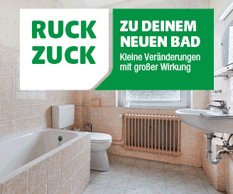 Ein Badezimmer in einer Gif-Datei, die zwei Bilder immer abwechselnd im Vorher-Nachher-Vergleich zeigt: erst mit beigen Fliesen, weißer Badewanne, Toilette und Waschbecken – danach modernisiert mit weißen Fliesen, dunkler Badewannenverkleidung, grünen Pflanzen und weißen Sanitärobjekten. Oben eingeblendet: links ein weißer Kasten mit grüner Schrift „RUCK ZUCK“, rechts daneben ein grüner Kasten mit weißer Schrift „Zu deinem neuen Bad“. Darunter der weiße Slogan: „Kleine Veränderungen mit großer Wirkung“