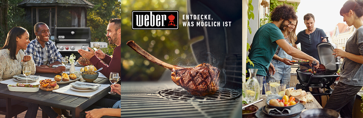Ein Weber Banner von verschiedenen Grills unten Leuten die spaß beim Grillen haben