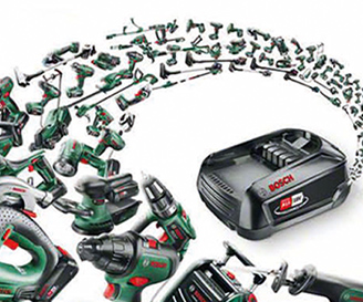 Bosch Artikel darstellung von einigen Artikeln mit einem Bosch Akku im vordergrund