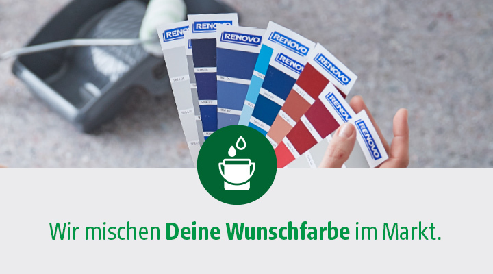 Farbmischservice für Wunschfarbe in Frühlingsfarben im Markt Hand mit aufgefächerten Farbtonkarten mit Textbereich für Farbmischervice im Markt