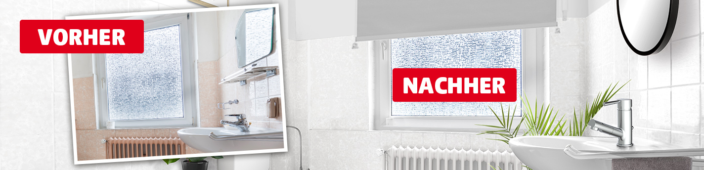 Vorher-Nachher-Vergleich eines Waschtischbereichs im Badezimmer. Im eingeblendeten Vorher-Foto oben links ist ein schmaler Wandspiegel mit Glasablage und eine ältere Armatur zu sehen. Im Hauptbild darunter ein modernisiertes Waschbecken mit rundem Hängespiegel, neuer Armatur und dekorativer Zimmerpflanze. Beide Bereiche sind mit roten Kästen und weißer Schrift beschriftet: VORHER und NACHHER