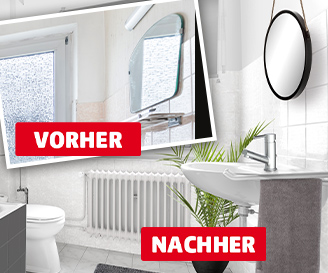 Vorher-Nachher-Vergleich eines Waschtischbereichs im Badezimmer. Im eingeblendeten Vorher-Foto oben links ist ein schmaler Wandspiegel mit Glasablage und eine ältere Armatur zu sehen. Im Hauptbild darunter ein modernisiertes Waschbecken mit rundem Hängespiegel, neuer Armatur und dekorativer Zimmerpflanze. Beide Bereiche sind mit roten Kästen und weißer Schrift beschriftet: VORHER und NACHHER
