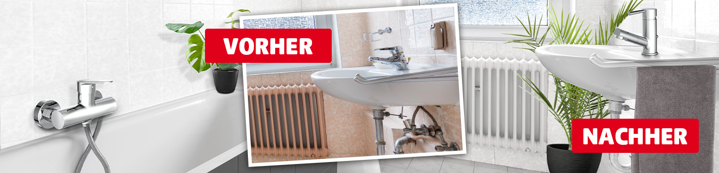 Vorher-Nachher-Vergleich einer ausgetauschten Badewannenarmatur. Im Vordergrund eine moderne, silberne Einhebelmischbatterie mit Brauseschlauch vor weißen Fliesen. Oben rechts ist ein eingeblendetes Vorher-Foto mit altmodischer Armatur und beigen Fliesen zu sehen. Beide Bildbereiche sind mit roten Kästen und weißer Schrift beschriftet: VORHER und NACHHER