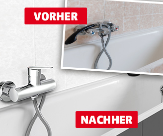 Vorher-Nachher-Vergleich einer ausgetauschten Badewannenarmatur. Im Vordergrund eine moderne, silberne Einhebelmischbatterie mit Brauseschlauch vor weißen Fliesen. Oben rechts ist ein eingeblendetes Vorher-Foto mit altmodischer Armatur und beigen Fliesen zu sehen. Beide Bildbereiche sind mit roten Kästen und weißer Schrift beschriftet: VORHER und NACHHER