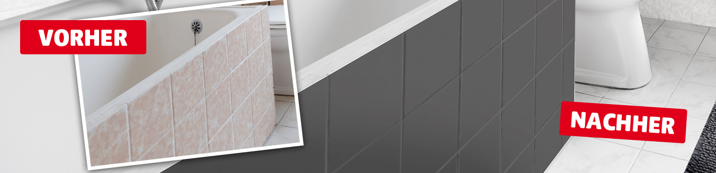 Vorher-Nachher-Vergleich einer Badewannenverkleidung. Das Vorher-Bild oben links zeigt beige Wandfliesen an der Wanne, eingeblendet in einem schräg gesetzten Rahmen mit rotem Kasten und weißer Schrift: VORHER. Im Hauptbild darunter ist die Badewanne mit dunkelgrauen, modernen Fliesen zu sehen. Unten links ein roter Kasten mit weißer Schrift: NACHHER