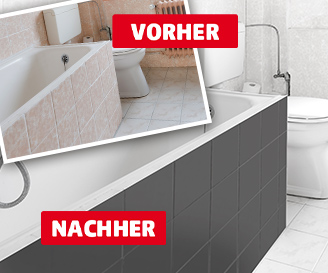 Vorher-Nachher-Vergleich einer Badewannenverkleidung. Das Vorher-Bild oben links zeigt beige Wandfliesen an der Wanne, eingeblendet in einem schräg gesetzten Rahmen mit rotem Kasten und weißer Schrift: VORHER. Im Hauptbild darunter ist die Badewanne mit dunkelgrauen, modernen Fliesen zu sehen. Unten links ein roter Kasten mit weißer Schrift: NACHHER