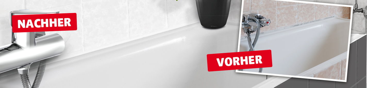 Vergleichsbild einer Badewannenarmatur mit Silikonfuge vor und nach der Erneuerung. Im Vordergrund ist die saubere, weiße Wandfliese mit neuer Fuge zu sehen. Oben rechts ist ein schräg gesetztes Vorher-Foto eingeblendet, das eine schmutzige, schwarze Fuge an beigen Wandfliesen zeigt. Darüber ein roter Kasten mit weißer Schrift: VORHER. Unten rechts ein weiterer roter Kasten mit weißer Schrift: NACHHER