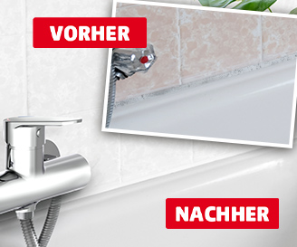 Vergleichsbild einer Badewannenarmatur mit Silikonfuge vor und nach der Erneuerung. Im Vordergrund ist die saubere, weiße Wandfliese mit neuer Fuge zu sehen. Oben rechts ist ein schräg gesetztes Vorher-Foto eingeblendet, das eine schmutzige, schwarze Fuge an beigen Wandfliesen zeigt. Darüber ein roter Kasten mit weißer Schrift: VORHER. Unten rechts ein weiterer roter Kasten mit weißer Schrift: NACHHER
