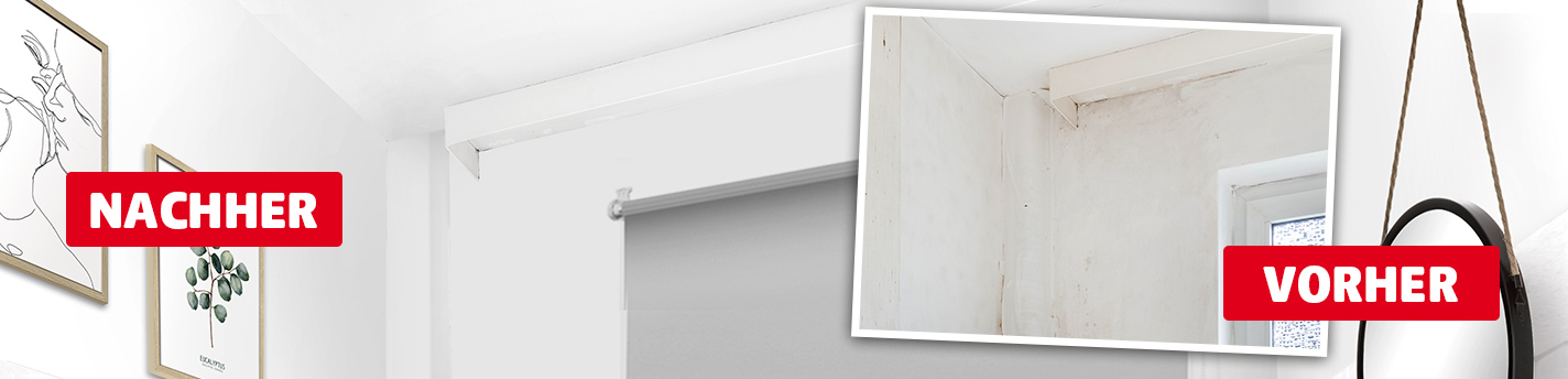 Vorher-Nachher-Vergleich eines renovierten Badezimmers. Das Vorher-Foto unten zeigt eine verschmutzte Wand mit Wasserflecken und Schimmelspuren oberhalb eines Fensters. Darüber liegt das Nachher-Bild mit frisch weiß gestrichener Wand, einem gerahmten Pflanzenbild und einem sauberen Fenster mit Rollo. Beide Bilder sind mit roten Kästen und weißer Schrift beschriftet: VORHER und NACHHER