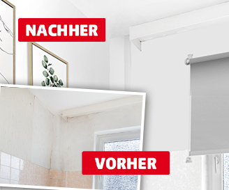 Vorher-Nachher-Vergleich eines renovierten Badezimmers. Das Vorher-Foto unten zeigt eine verschmutzte Wand mit Wasserflecken und Schimmelspuren oberhalb eines Fensters. Darüber liegt das Nachher-Bild mit frisch weiß gestrichener Wand, einem gerahmten Pflanzenbild und einem sauberen Fenster mit Rollo. Beide Bilder sind mit roten Kästen und weißer Schrift beschriftet: VORHER und NACHHER