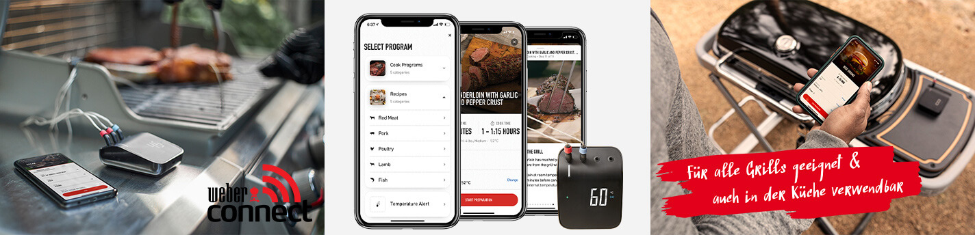 Banner von der Weber Connect App darstellung anhand von App auf einem Handy und einem Grill
