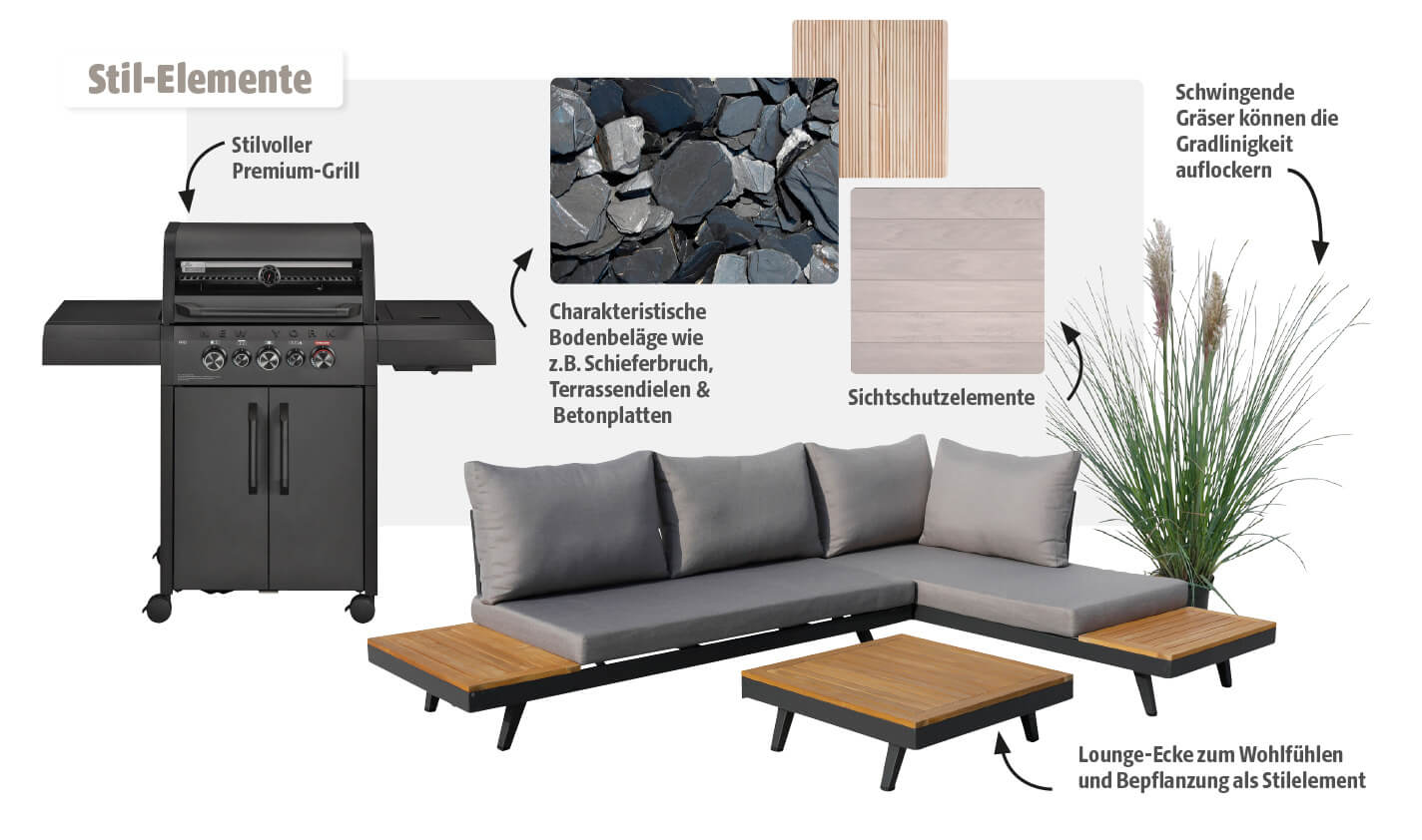 Moderne Stil-Elemente für den Garten: Lounge-Ecke, Premium-Grill, Sichtschutz und Gräser als Gestaltungselemente.