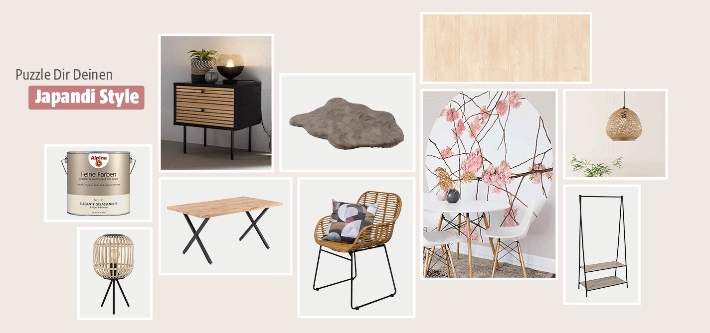 Diverse Einrichtungsstücke und Möbel als Collage für den Japandi Style