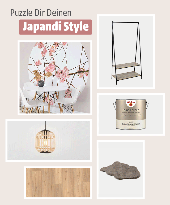 Diverse Einrichtungsstücke und Möbel als Collage für den Japandi Style