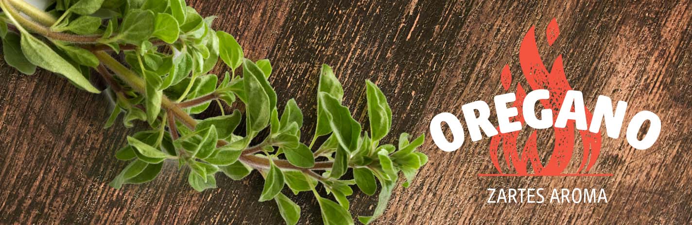 Ein frischer Zweig Oregano liegt auf einer braunen, leicht strukturierten Holzoberfläche. Rechts daneben ist ein rotes Flammensymbol zu sehen. Darüber steht in weißer Schrift: Oregano. Darunter in kleinerer weißer Schrift: Zartes Aroma