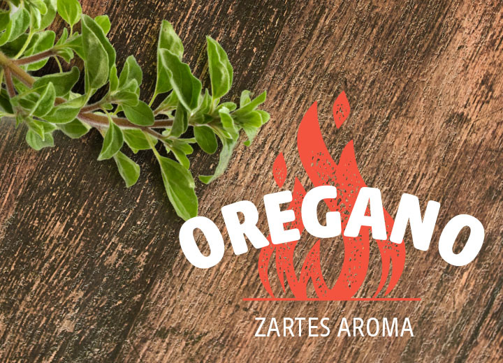 Ein frischer Zweig Oregano liegt auf einer braunen, leicht strukturierten Holzoberfläche. Rechts daneben ist ein rotes Flammensymbol zu sehen. Darüber steht in weißer Schrift: Oregano. Darunter in kleinerer weißer Schrift: Zartes Aroma