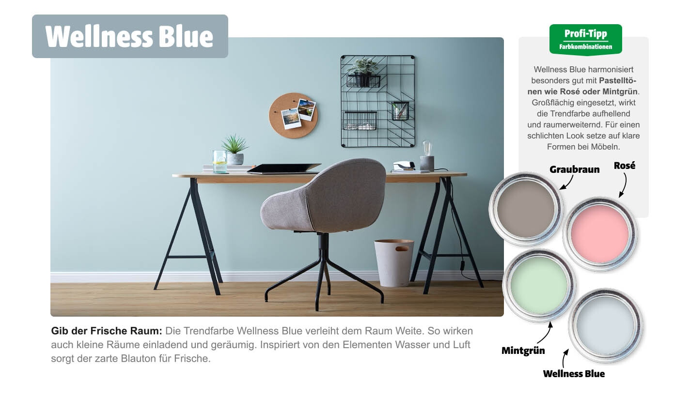 Büro mit Wandfarbe in Trendfarbe Wellness Blue und Farbkombinationen Büro mit der Wandfarbe Wellness Blue und vier Farbtöpfen mit Farbkombinationen