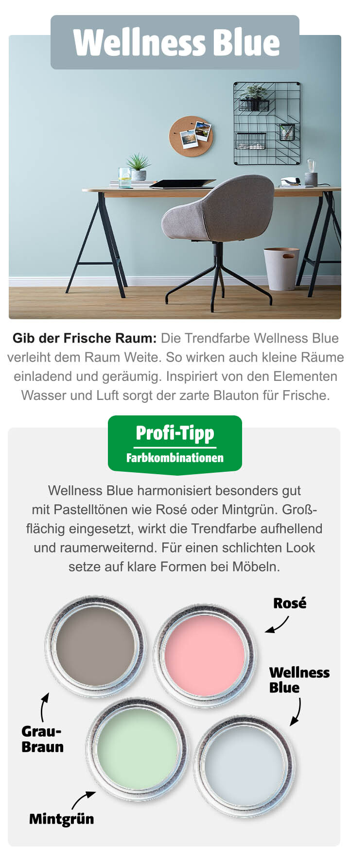Büro mit Wandfarbe in Trendfarbe Wellness Blue und Farbkombinationen Büro mit der Wandfarbe Wellness Blue und vier Farbtöpfen mit Farbkombinationen