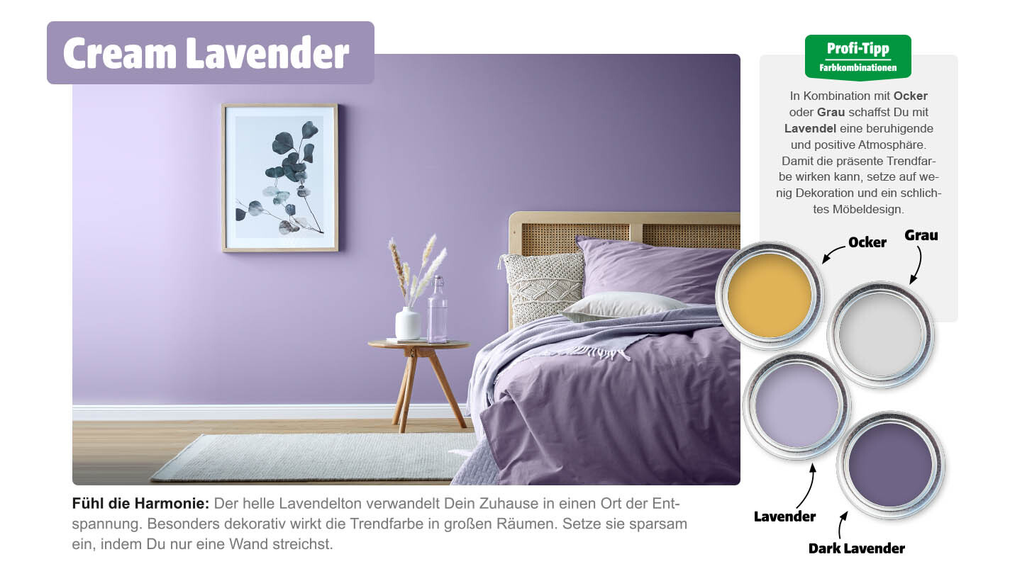 Schlafzimmer mit Wandfarbe in Trendfarbe Cream Lavender und Farbkombinationen Schlafzimmer mit der Wandfarbe Cream Lavender und vier Farbtöpfen mit Farbkombinationen