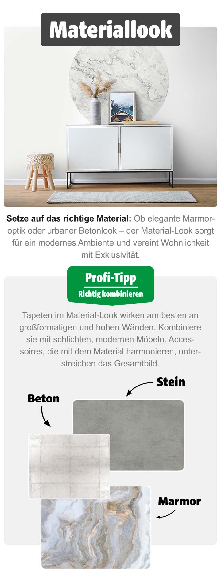Wohnzimmer im Materiallook mit halbkreisförmiger Wandtapete in Marmoroptik hinter weißem Sideboard, Sitzhocker mit Fransen und Dekovase mit Trockenblumen.