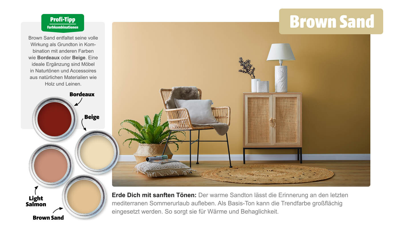 Sitzecke mit Wandfarbe in Trendfarbe Brown Sand und Farbkombinationen Sitzecke mit der Wandfarbe Brown Sand und vier Farbtöpfen mit Farbkombinationen