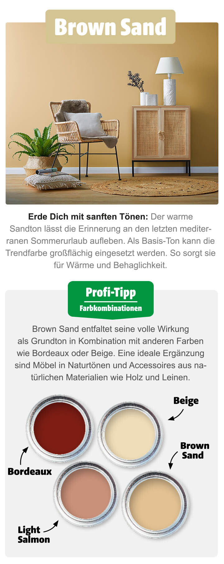 Sitzecke mit Wandfarbe in Trendfarbe Brown Sand und Farbkombinationen Sitzecke mit der Wandfarbe Brown Sand und vier Farbtöpfen mit Farbkombinationen