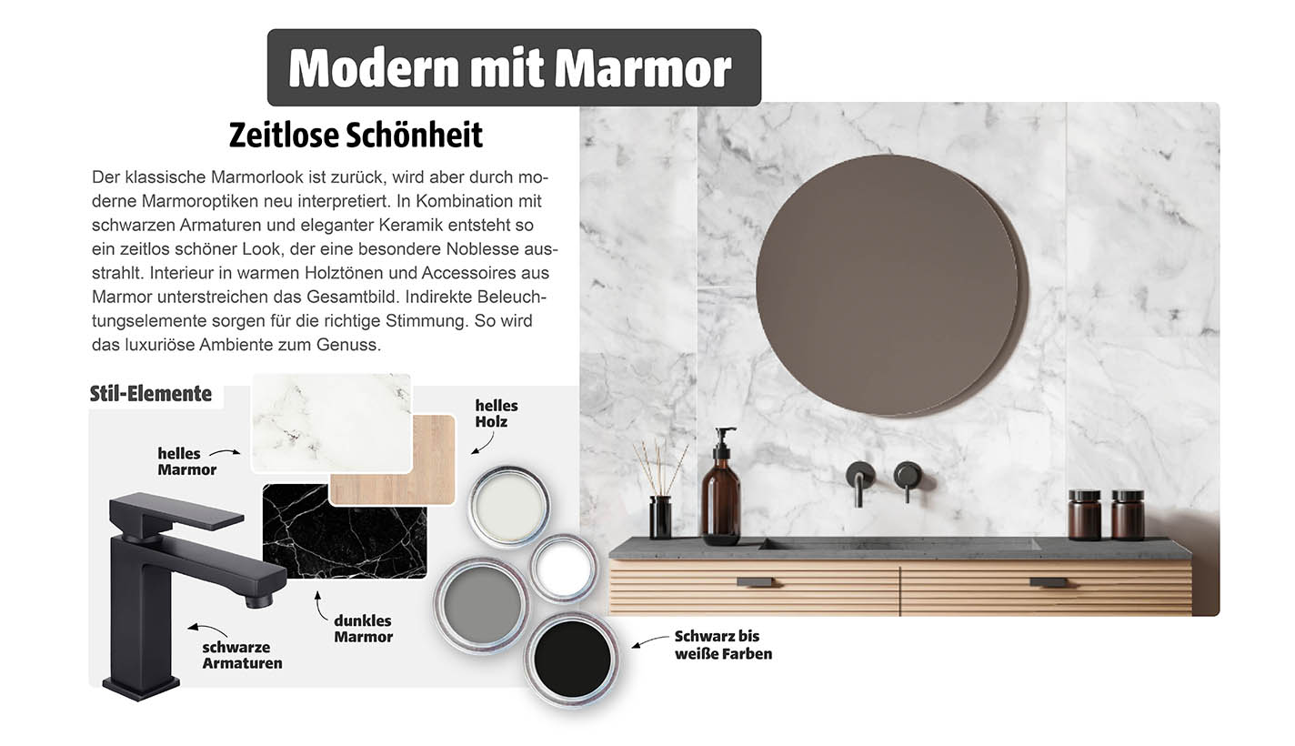 Gestaltungsidee für ein Badezimmer im Stil Modern mit Marmor. Links oben steht der Titel auf dunklem Hintergrund mit weißer Schrift: Modern mit Marmor. Darunter ein kurzer Text zur Wirkung des Marmorlooks mit schwarzen Armaturen, hellem Holz und indirekter Beleuchtung. Rechts ist ein Waschtisch mit heller Marmorwand, rundem Spiegel, Aufsatzarmatur und Holzfront zu sehen. Unten links eine Übersicht der Stil-Elemente mit Beschriftungen: helles Marmor, dunkles Marmor, helles Holz, schwarze Armaturen, Schwarz bis weiße Farben