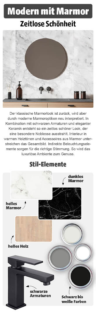 Gestaltungsidee für ein Badezimmer im Stil Modern mit Marmor. Links oben steht der Titel auf dunklem Hintergrund mit weißer Schrift: Modern mit Marmor. Darunter ein kurzer Text zur Wirkung des Marmorlooks mit schwarzen Armaturen, hellem Holz und indirekter Beleuchtung. Rechts ist ein Waschtisch mit heller Marmorwand, rundem Spiegel, Aufsatzarmatur und Holzfront zu sehen. Unten links eine Übersicht der Stil-Elemente mit Beschriftungen: helles Marmor, dunkles Marmor, helles Holz, schwarze Armaturen, Schwarz bis weiße Farben
