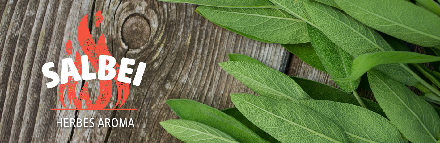 Frische Salbeiblätter liegen auf einer graubraunen, wettergegerbten Holzoberfläche. Links im Bild befindet sich ein rotes Flammensymbol. Darüber steht in kleinerer weißer Schrift: Salbei. Darunter in weißer Schrift: Herbes Aroma