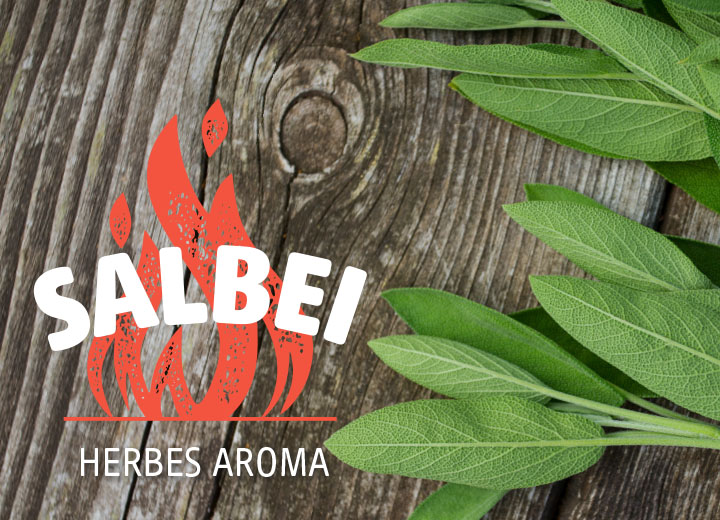 Frische Salbeiblätter liegen auf einer graubraunen, wettergegerbten Holzoberfläche. Links im Bild befindet sich ein rotes Flammensymbol. Darüber steht in kleinerer weißer Schrift: Salbei. Darunter in weißer Schrift: Herbes Aroma