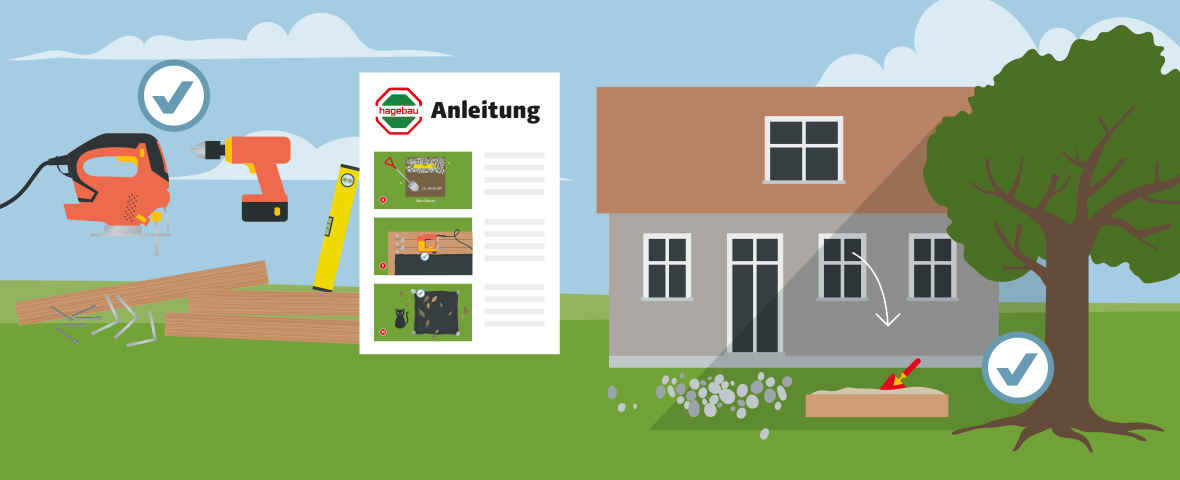 Illustration einer Hagebau-Bauanleitung zum Bau eines Sandkastens. Links im Bild sind empfohlene Werkzeuge zu sehen: Stichsäge, Akkuschrauber, Wasserwaage, Schrauben und zugeschnittene Holzbretter. In der Mitte ist ein Anleitungsblatt mit drei bebilderten Schritten abgebildet. Rechts steht ein graues Wohnhaus mit Garten. Im Vordergrund ist ein rechteckiger Sandkasten aufgebaut und bereits mit Sand gefüllt. Eine kleine Schaufel steckt darin, daneben ein Häkchen als Zeichen für korrekten Aufbau und geeigneten Standort – leicht beschattet unter einem Baum.