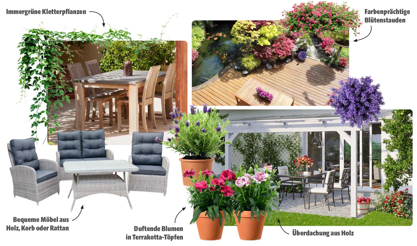 Collage aus Gestaltungselementen für den Landhausstil: Blütenstauden, Terrakotta-Töpfe, Kletterpflanzen, Rattanmöbel und eine Holzüberdachung im Garten.