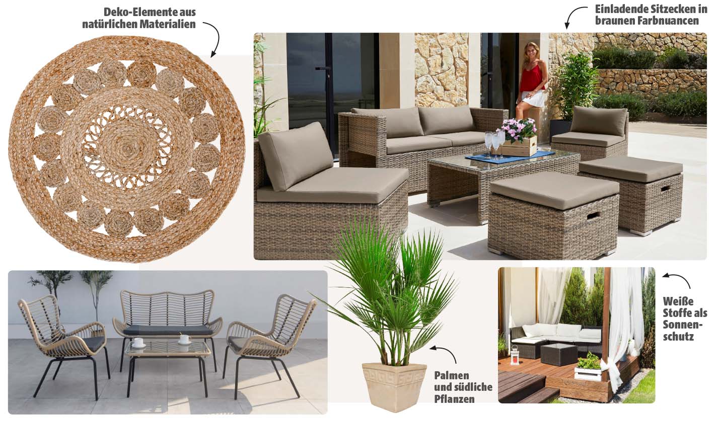 Mediterrane Terrasse mit Sitzgruppen in Rattanoptik, Pflanzen wie Palmen, und Dekoelementen aus Naturmaterialien. Weiße Stoffe sorgen für Sonnenschutz. Texthinweise zeigen Gestaltungsideen.