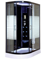 Die geschlossene Kabine einer Dampfdusche in Schwarz mit integrierter LED-Beleuchtung und Massagedüsen steht freistehend auf einer weißen Duschtasse. Die Glaswände sind teilweise satiniert und die Kabine besitzt zwei Türen mit Griffen