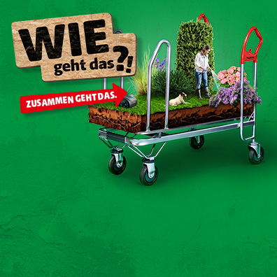 Ausschnitt eines Garten mit Pflanzen und einem Mähroboter in klein, auf einem Einkaufswagen