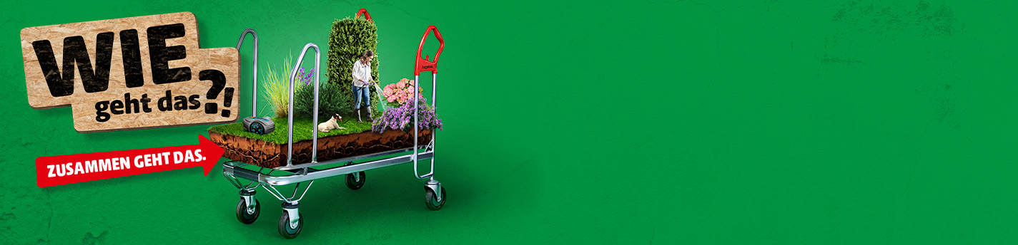 Ausschnitt eines Garten mit Pflanzen und einem Mähroboter in klein, auf einem Einkaufswagen